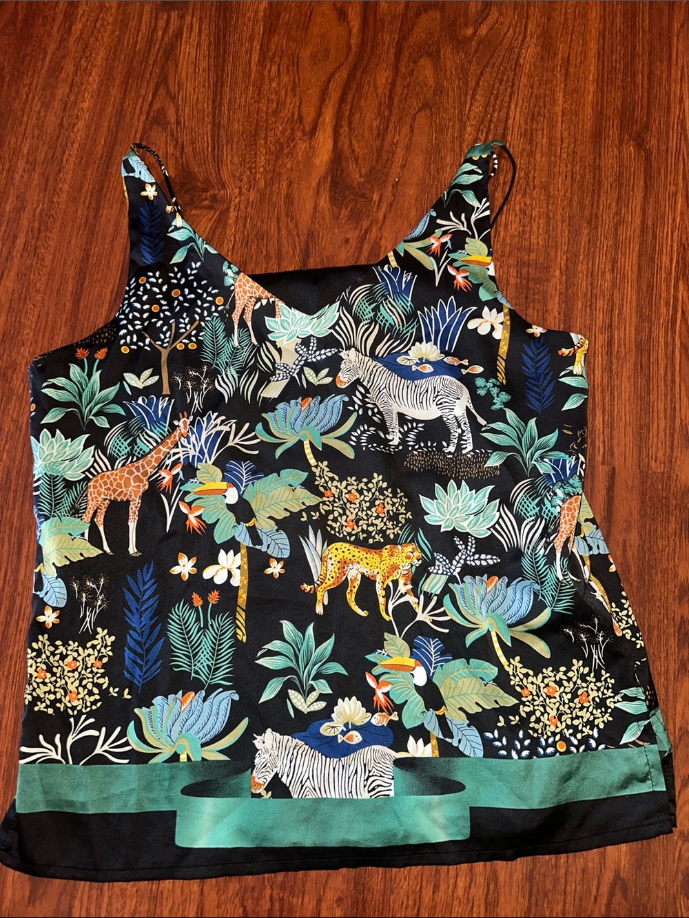 Tropical Safari Print Tank Top in Black & Teal w cute straps.